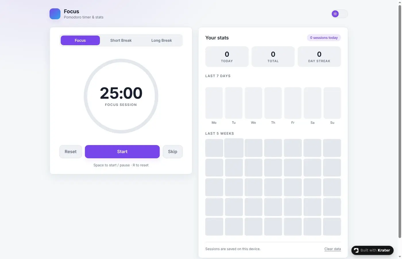 Pomodoro timer app with stats dashboard generated with /build, published on krater.site