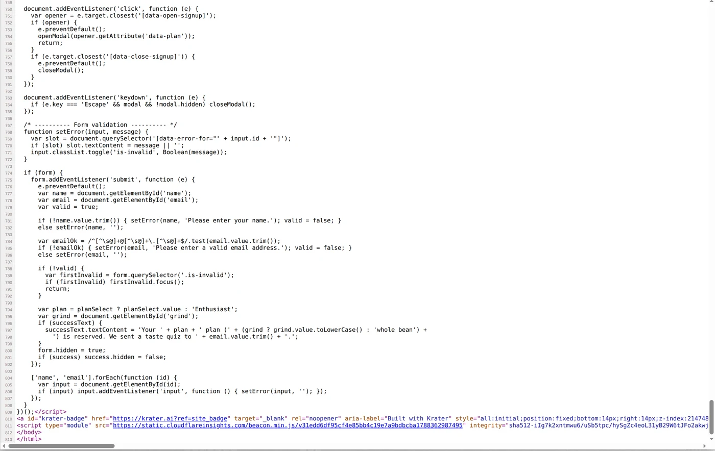 Source code of the RoastClub site generated by /build, including the signup form logic
