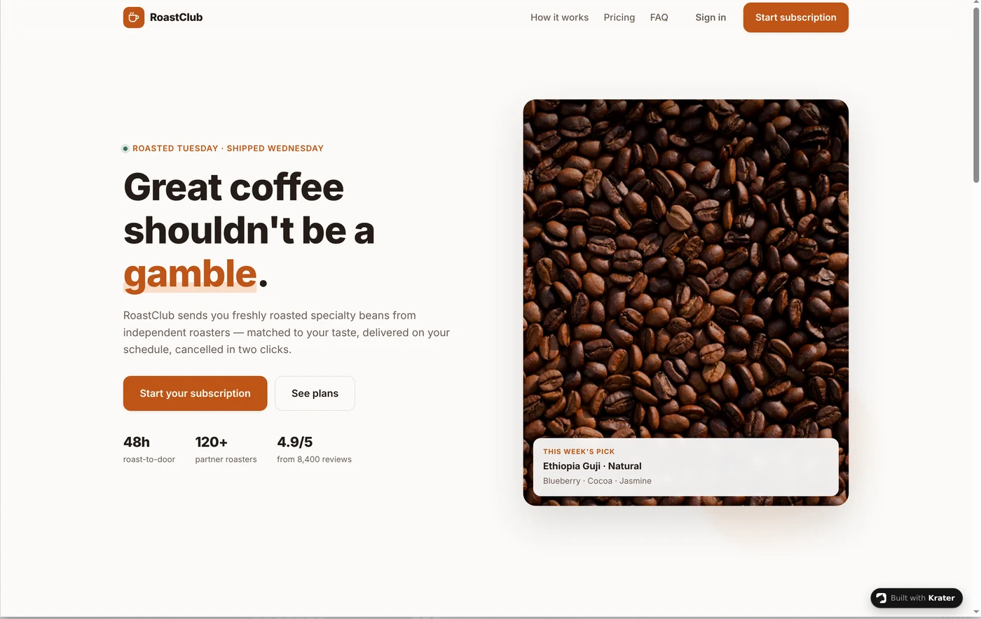 RoastClub coffee subscription landing page generated with /build, published on krater.site