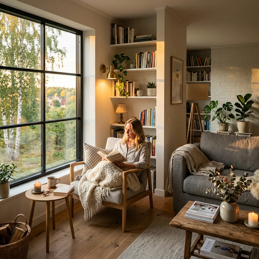 Nano Banana 2 interior photograph of a Scandinavian living room at golden hour