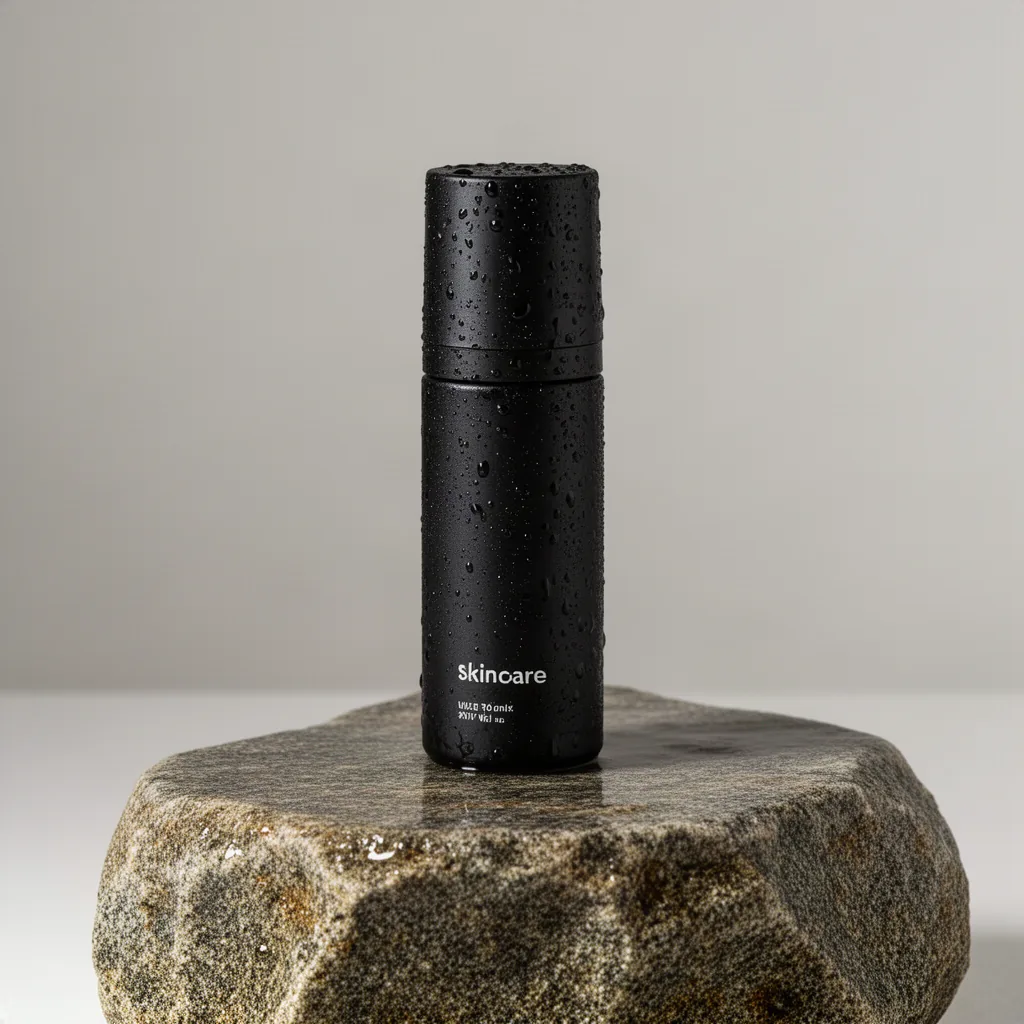 Flux 2 product photograph of a matte black skincare bottle on a wet stone pedestal