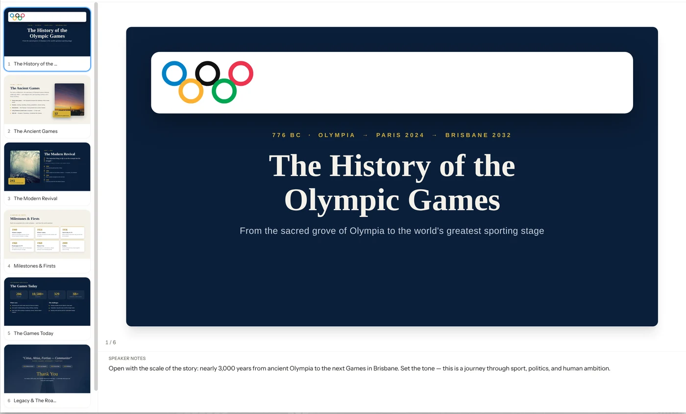Krater Slides Studio showing a generated six-slide deck on the history of the Olympic Games