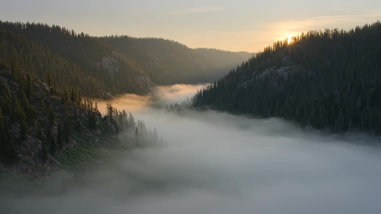 Kling 3.0 aerial clip gliding over a misty pine forest valley at sunrise