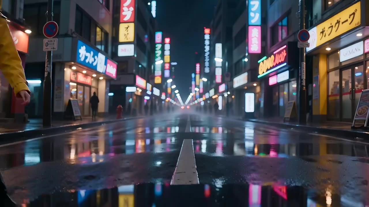 Seedance 2.0 tracking shot of a woman in a yellow raincoat on a neon Tokyo street