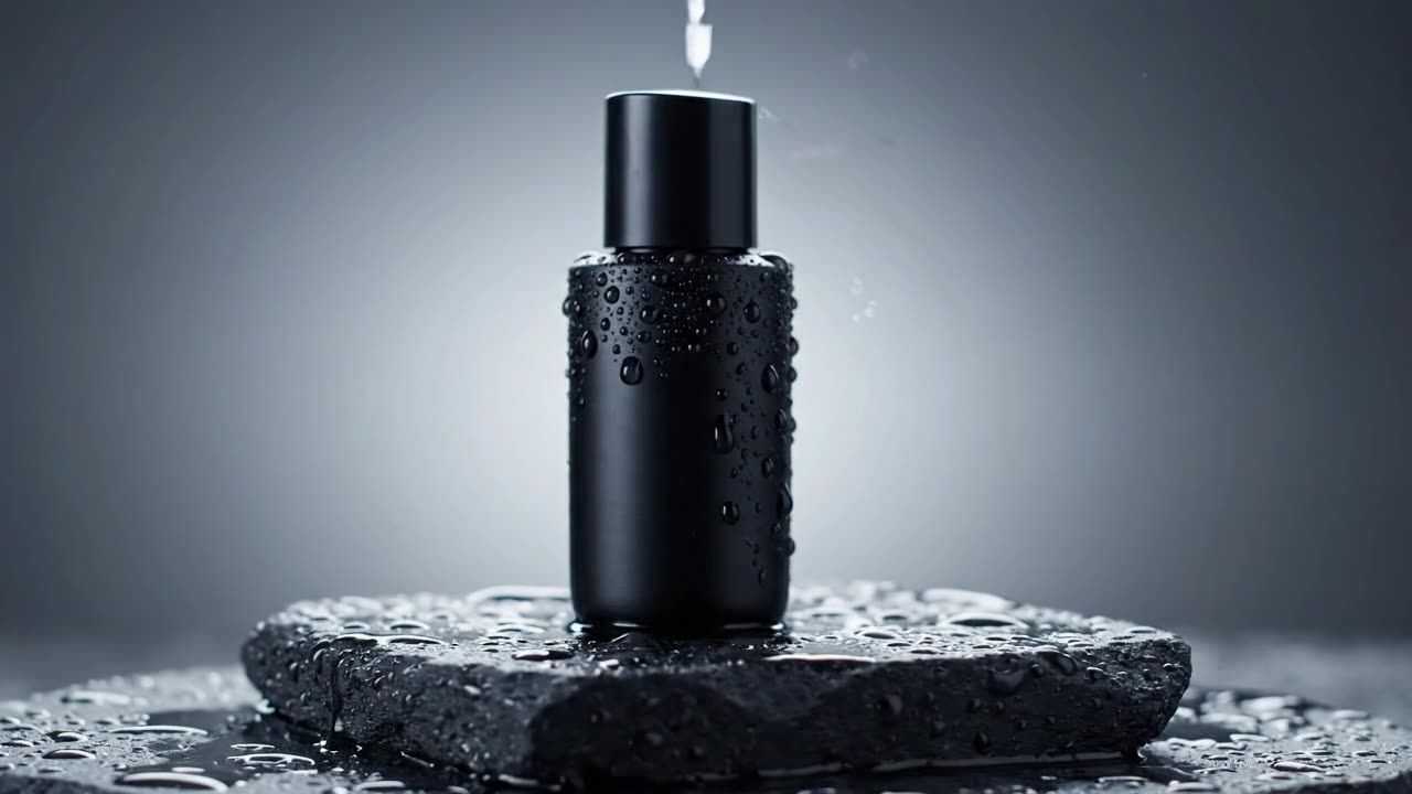 Veo 3.1 Lite product clip of a matte black skincare bottle rotating on wet stone